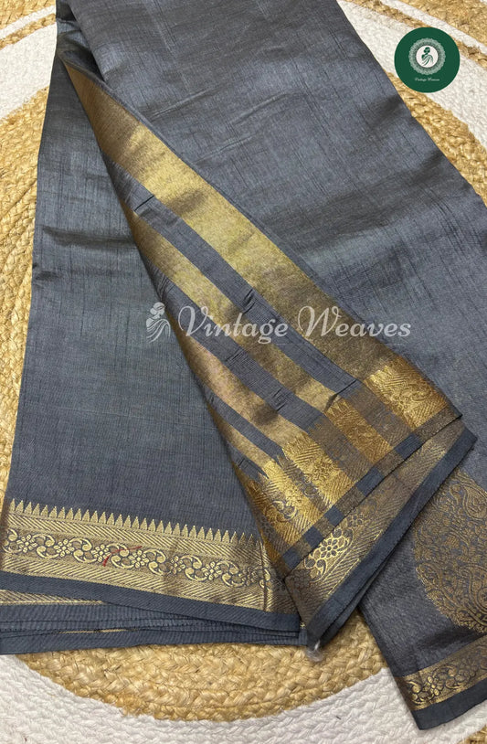 Tusser Silk Saree With Mango Border-Grey