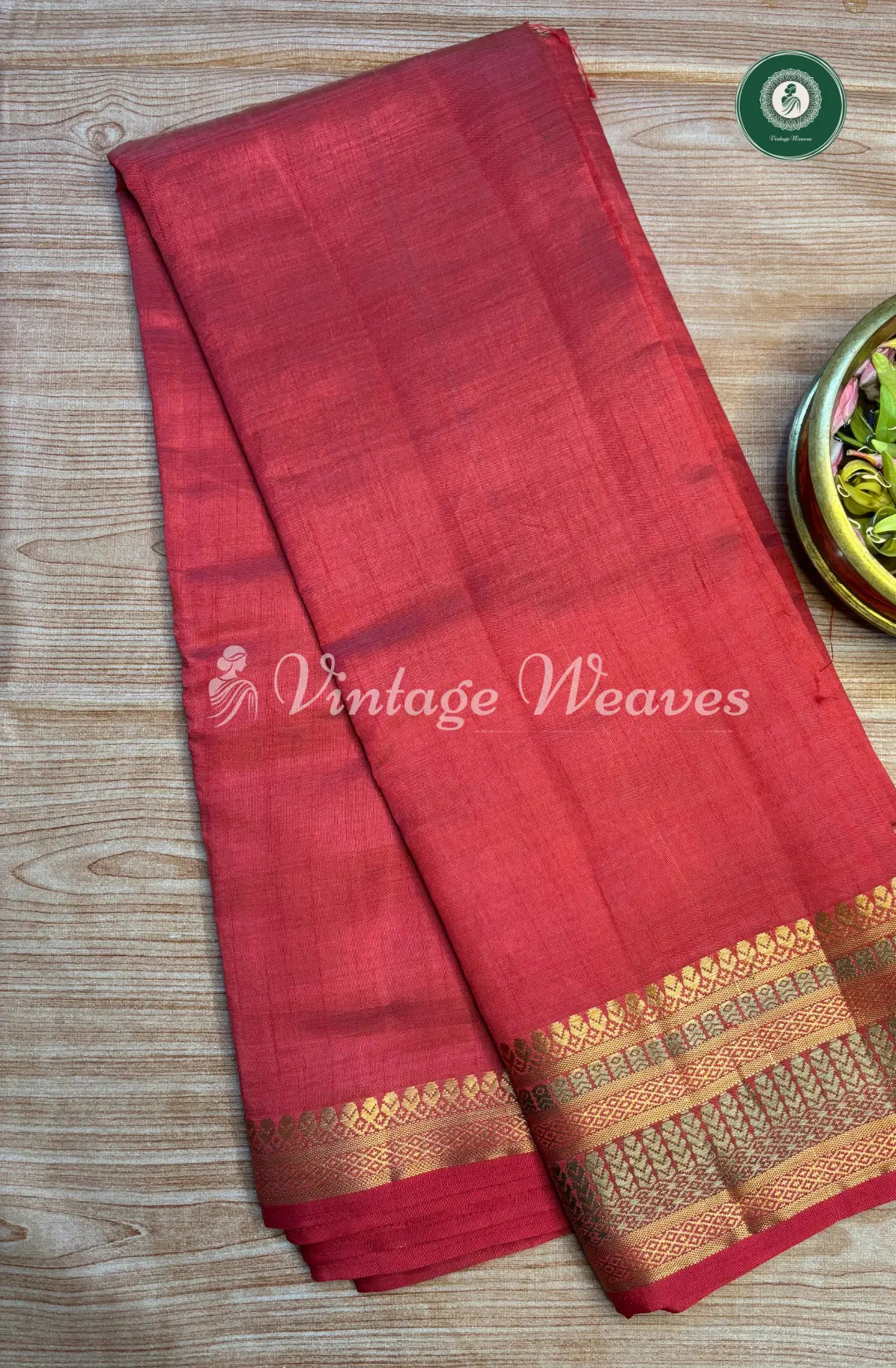 Tusser Silk Saree with ZariBorder-Red
