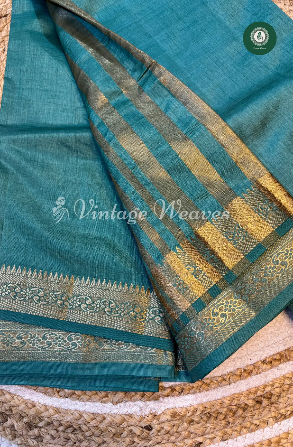 Tusser Silk Saree With Mango Border-RamaGreen