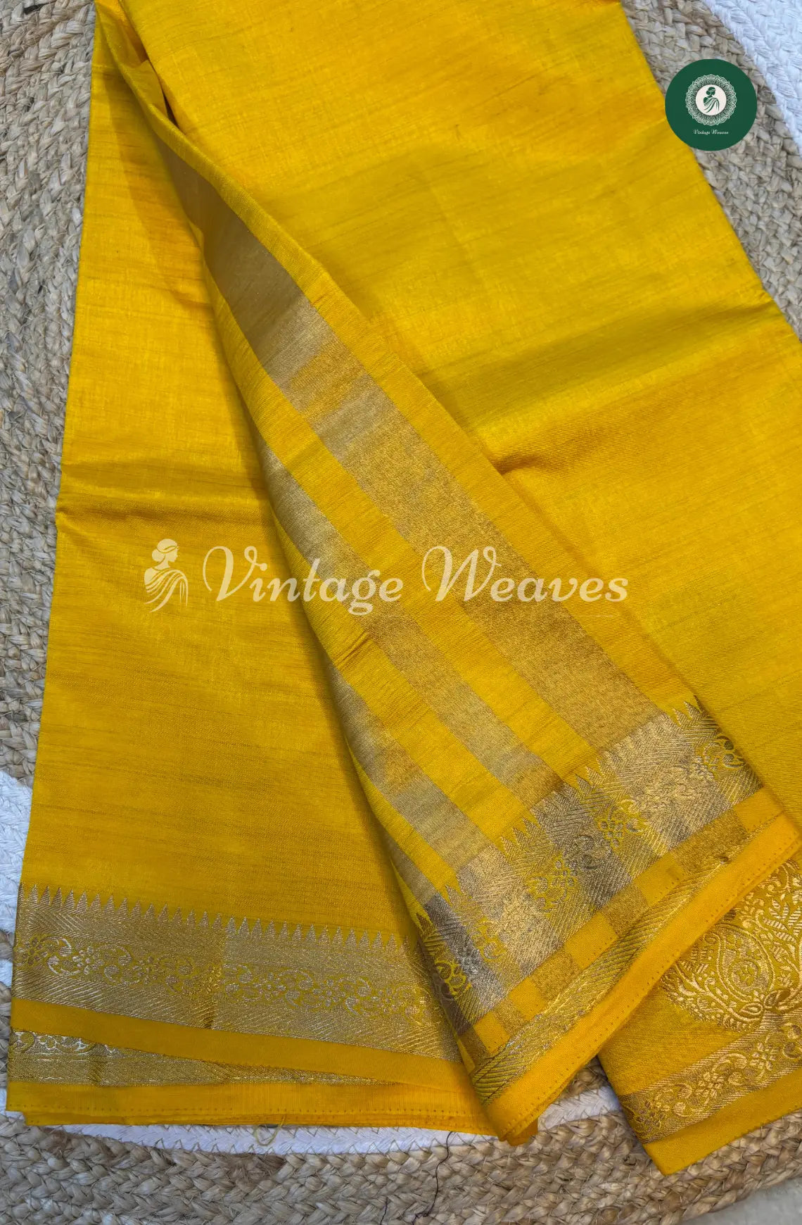 Tusser Silk Saree With Mango Border-Yellow