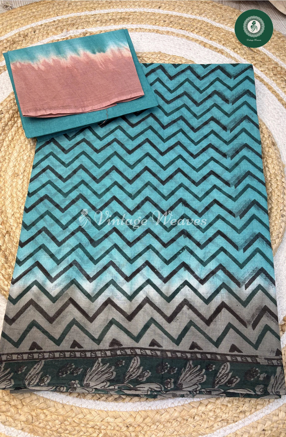 ZigZag Printed Cotton Saree-Blue