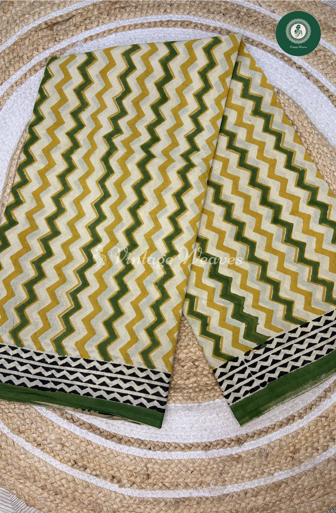 ZigZag HandBlock Printed Mul Cotton Saree-Yellow_1