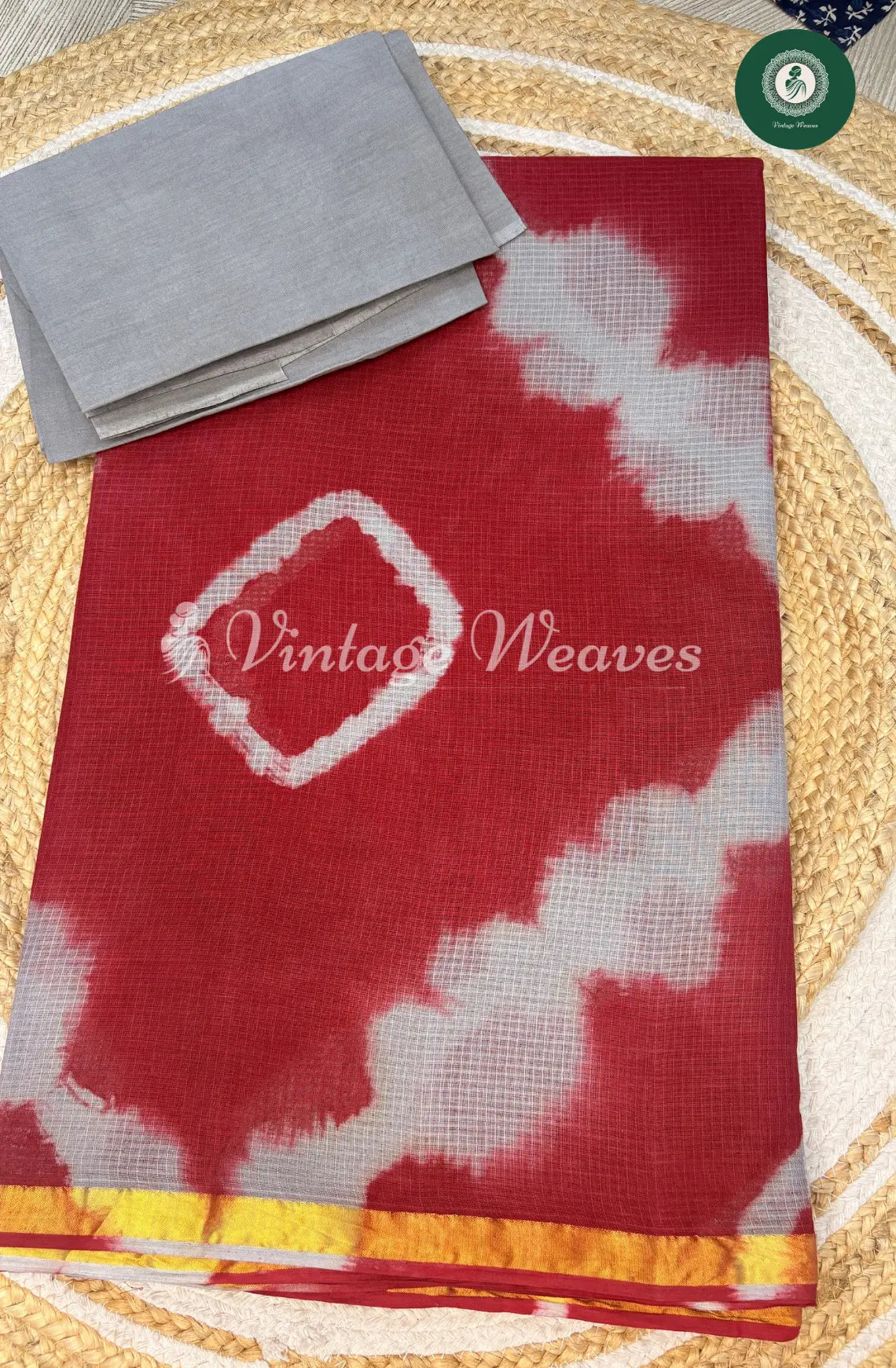 Shibori Printed Cotton Saree-Red