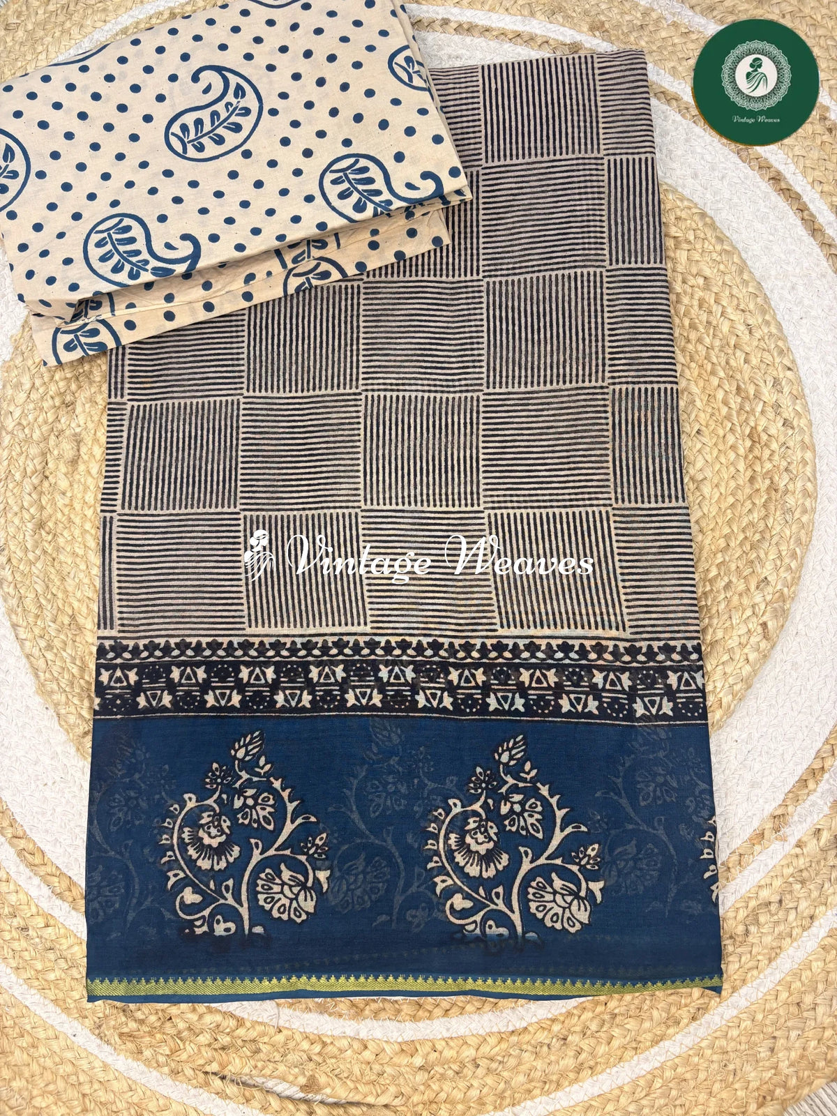 Square Printed Cotton Saree-Blue