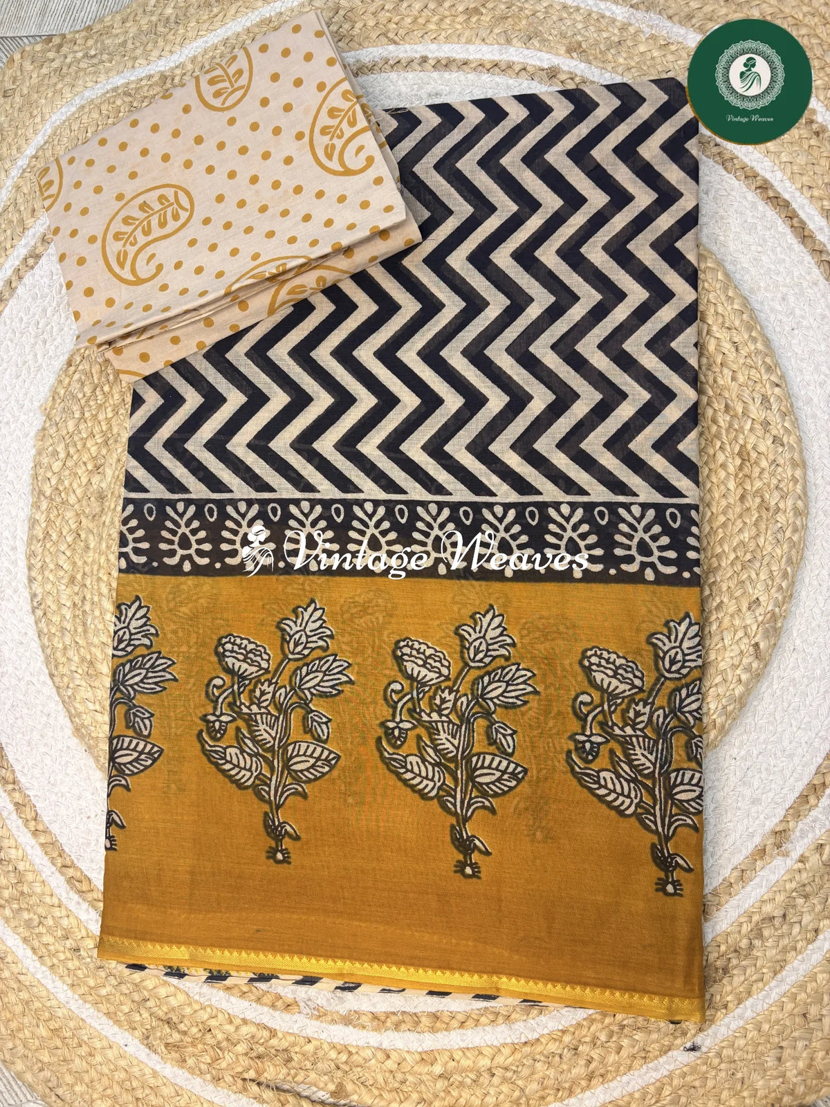 ZigZag Printed Cotton Saree-Yellow