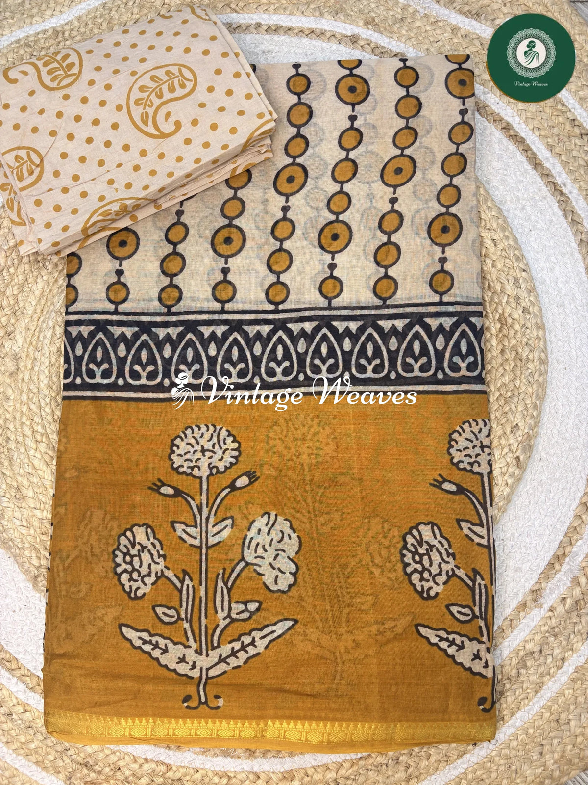 Printed Cotton Saree With Flower Border-Yellow