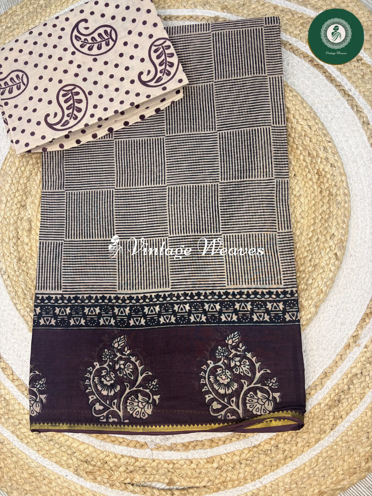 Square Printed Cotton Saree-Wine