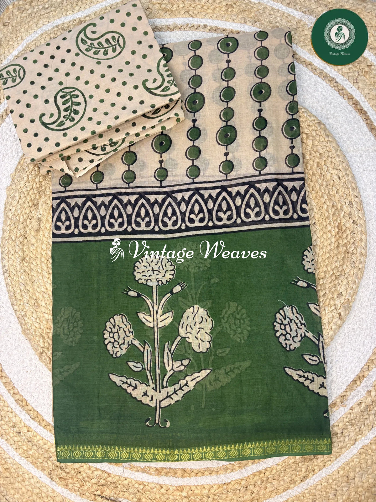 Printed Cotton Saree With Flower Border-Green
