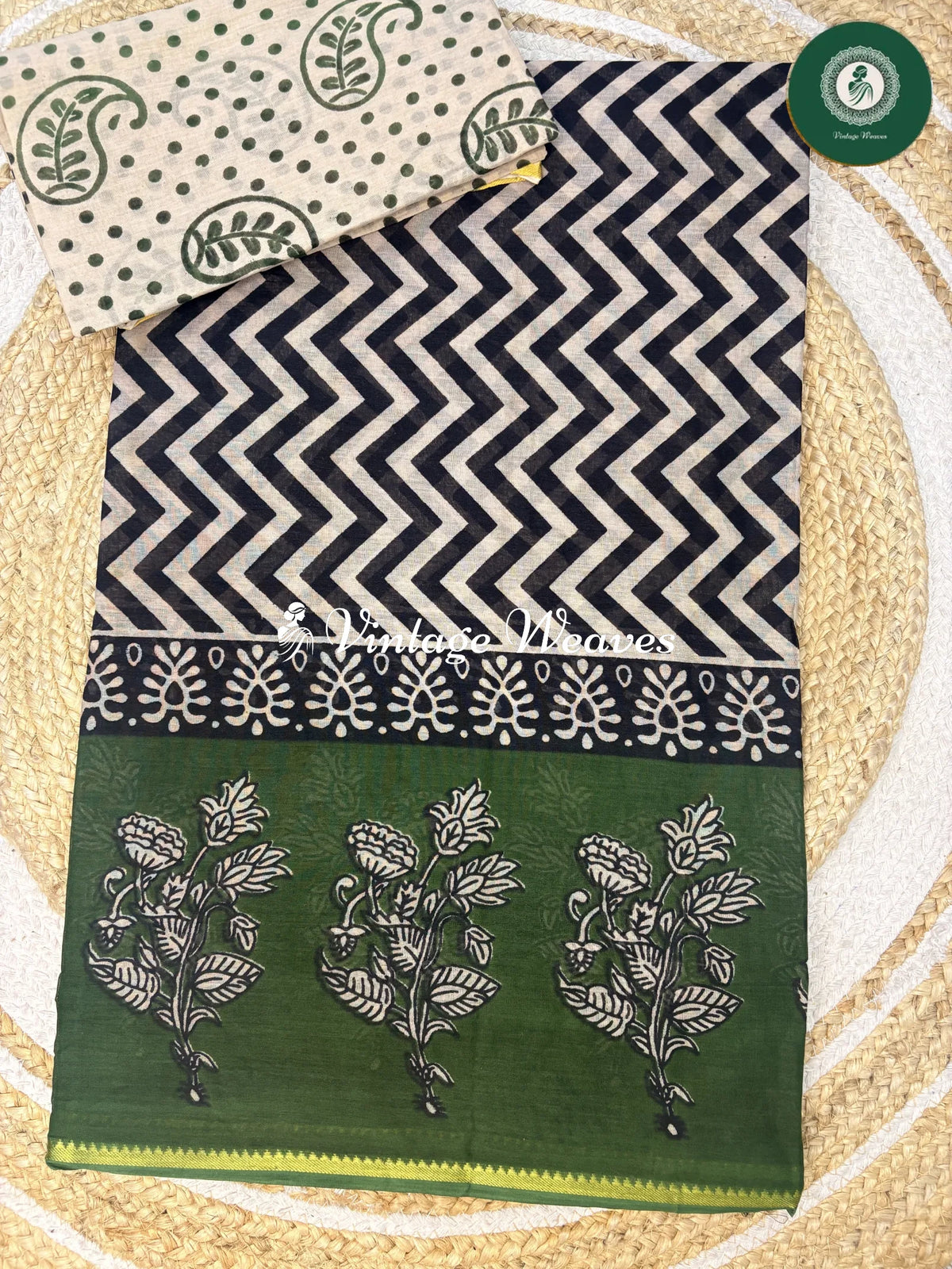ZigZag Printed Cotton Saree-Green