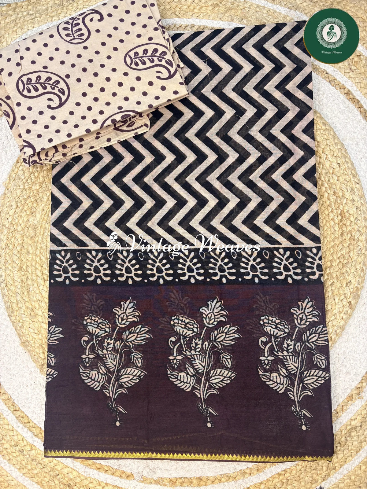ZigZag Printed Cotton Saree-Wine