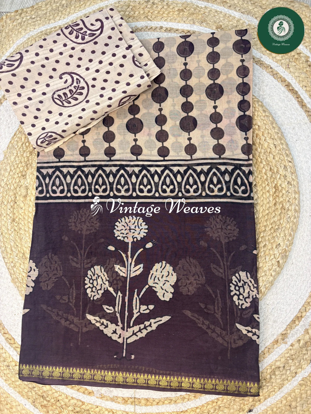 Printed Cotton Saree With Flower Border-Wine