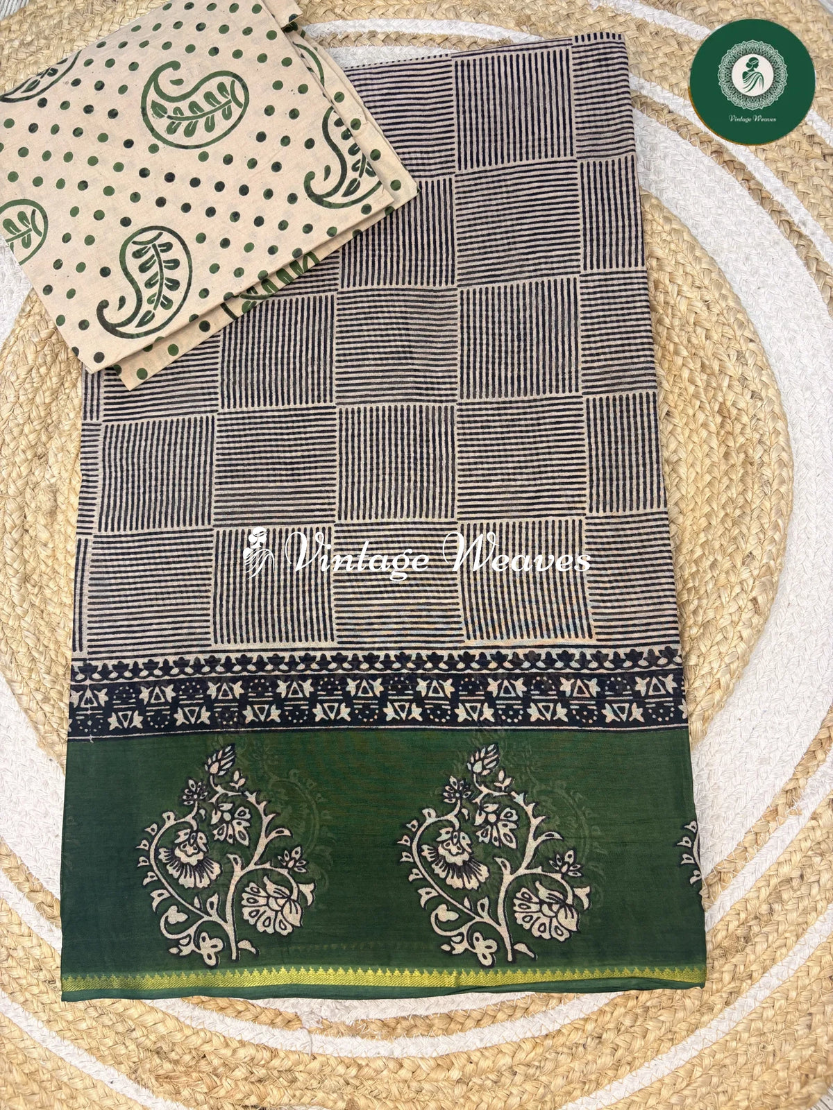 Square Printed Cotton Saree-Green