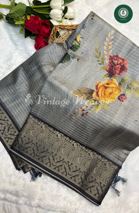 Banarasi Grey Art Silk saree with Floral and Zari border