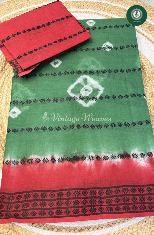 Bandhini Design Cotton Saree With WeavingButta-GreenwithPink