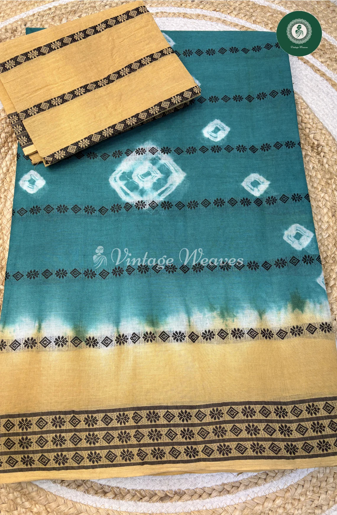Bandhini Design Cotton Saree With WeavingButta-Lightbluewithivory
