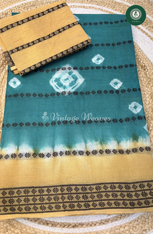 Bandhini Design Cotton Saree With WeavingButta-Lightbluewithivory