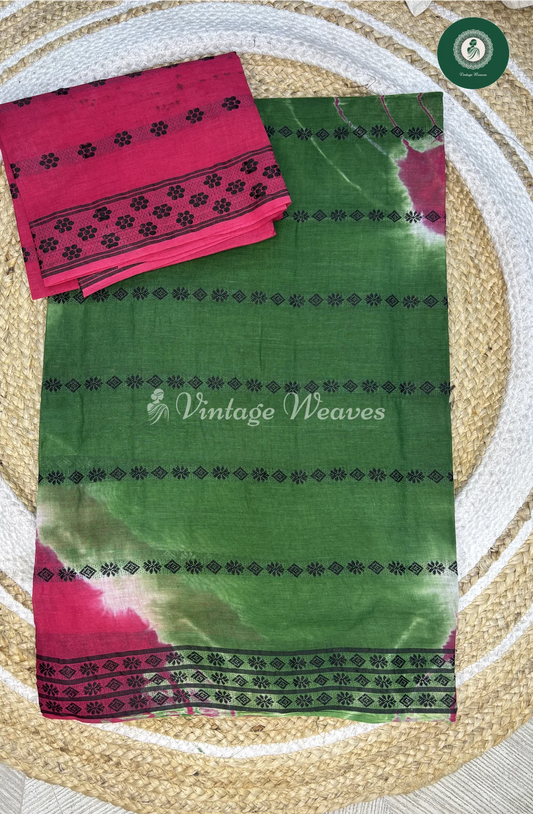 Bandhini Design Cotton Saree With WeavingButta-PinkWithGreen