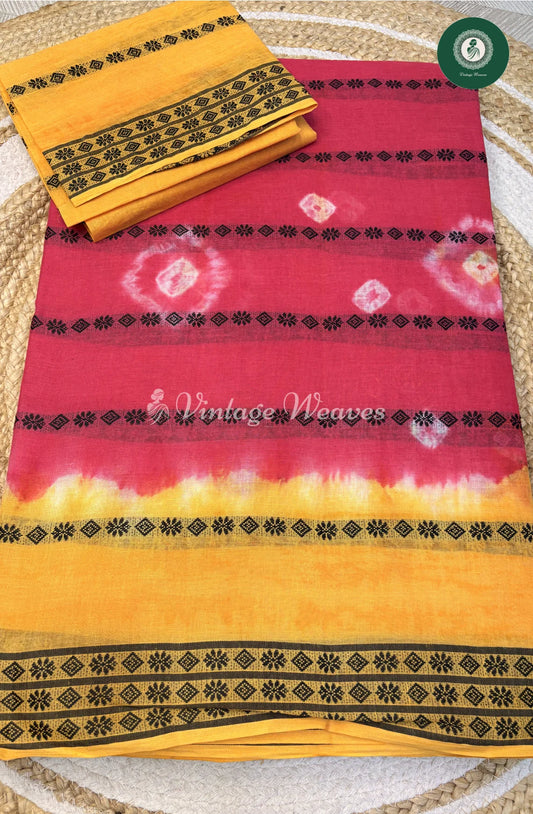 Bandhini Design Cotton Saree With WeavingButta-PinkWithYellow