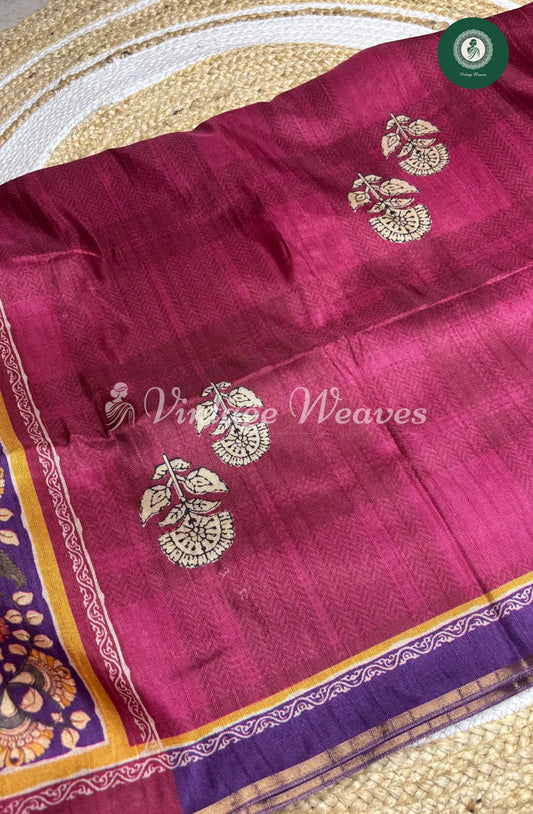 Baswada Cotton Saree with floral print-Darkpink with Purple