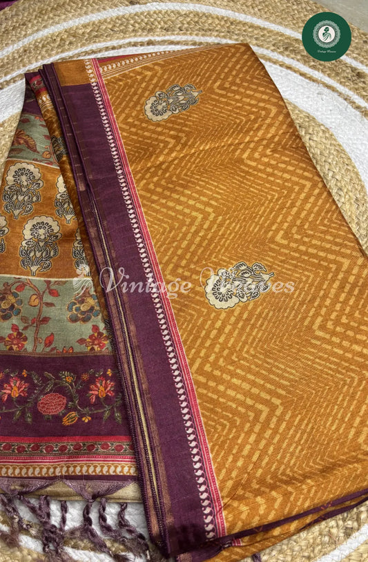 Baswada Cotton Saree with floral print-Yellow with Brown