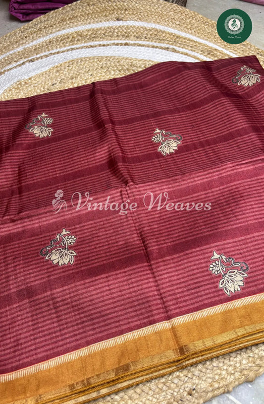 Baswada Cotton Saree with floral print- Burgandy with Gold