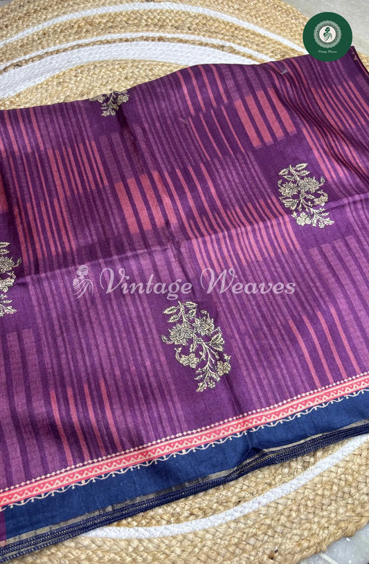 Baswada Cotton Saree with floral print-Purple with NavyBlue