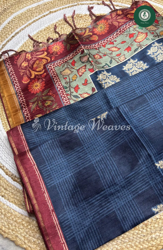 Baswada Cotton Saree with floral print-Navy Blue and Brown_