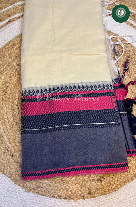 Bengal HandWoven Cotton Saree-White with Grey