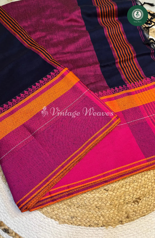 Bengal HandWoven Cotton Saree-DarkBlue
