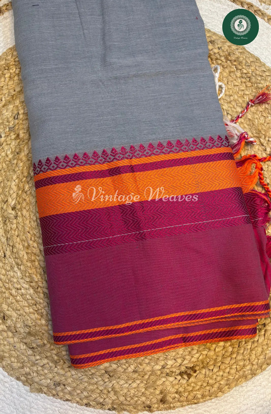 Bengal HandWoven Cotton Saree-Grey