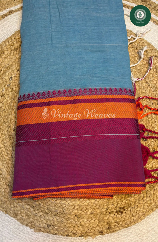 Bengal HandWoven Cotton Saree-Lightblue