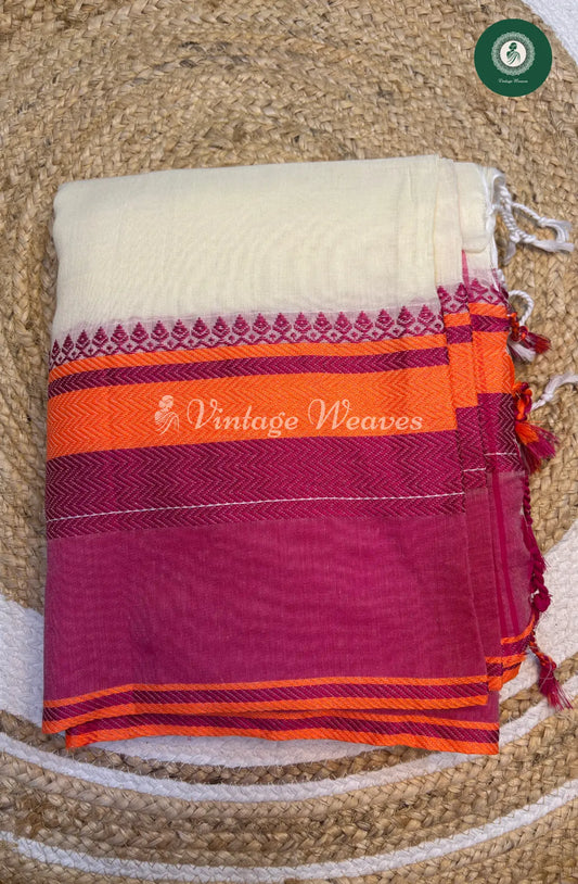 Bengal HandWoven Cotton Saree-White with Pink