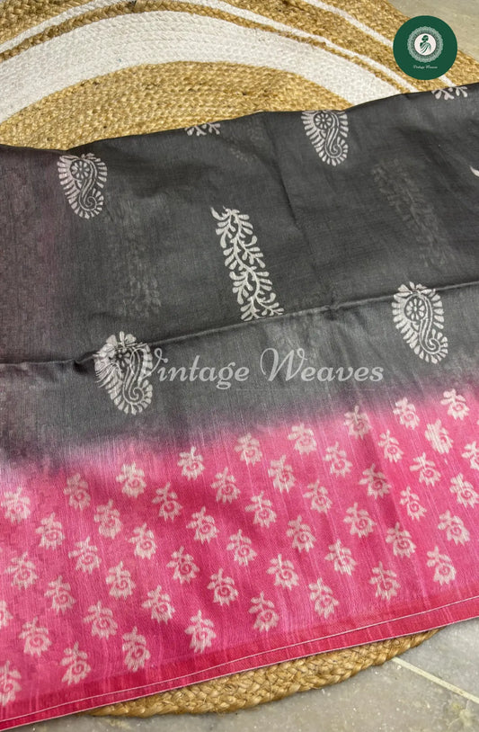 Bhagalpuri Linen Cotton saree -Black With Pink