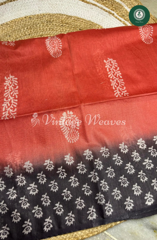 Bhagalpuri Linen Cotton saree -Cherry Red With Black