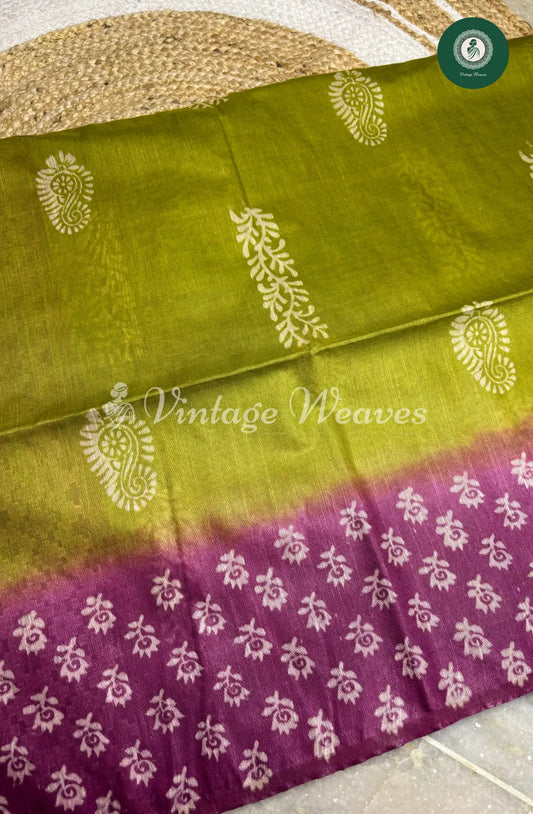 Bhagalpuri Linen Cotton saree -Green With Purple