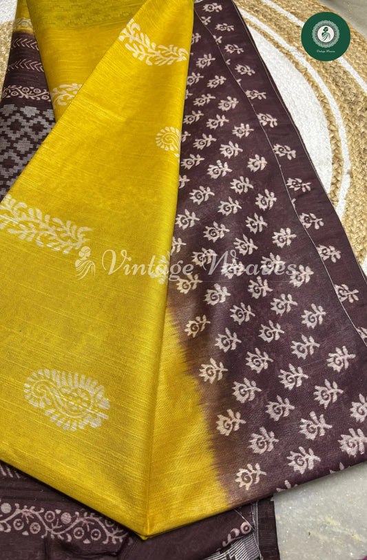 Bhagalpuri Linen cotton saree- Yellow with Brown