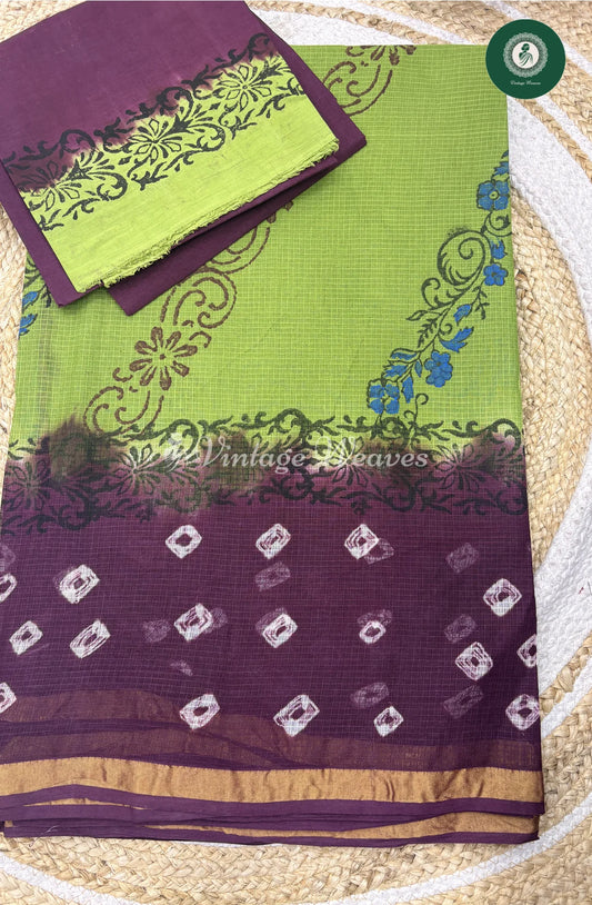 Budget Kota Cotton Saree-GreenWithPurple