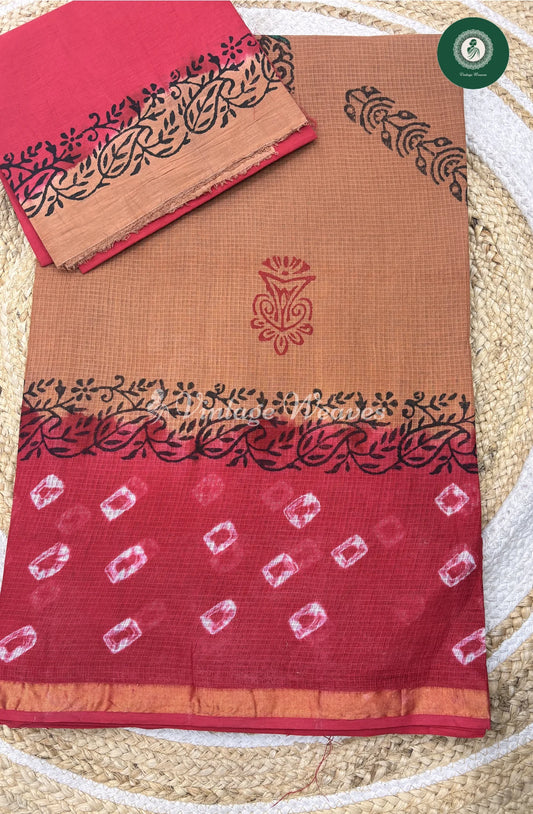 Budget Kota Cotton Saree-SandelwithRed