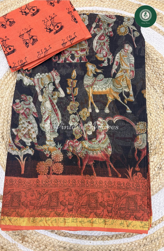 Budget Kota Cotton Saree Artisans- Black With Orange