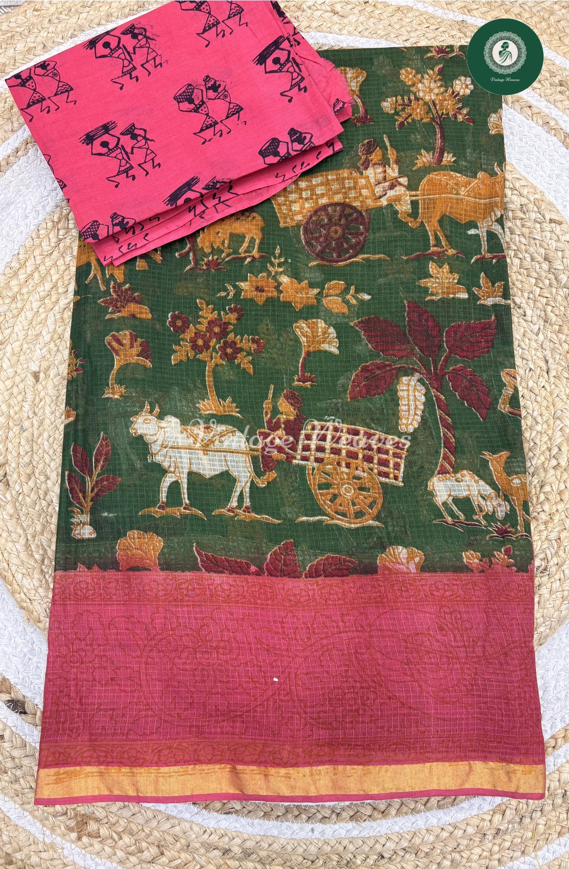 Budget Kota Cotton Saree Cow-Green with Pink