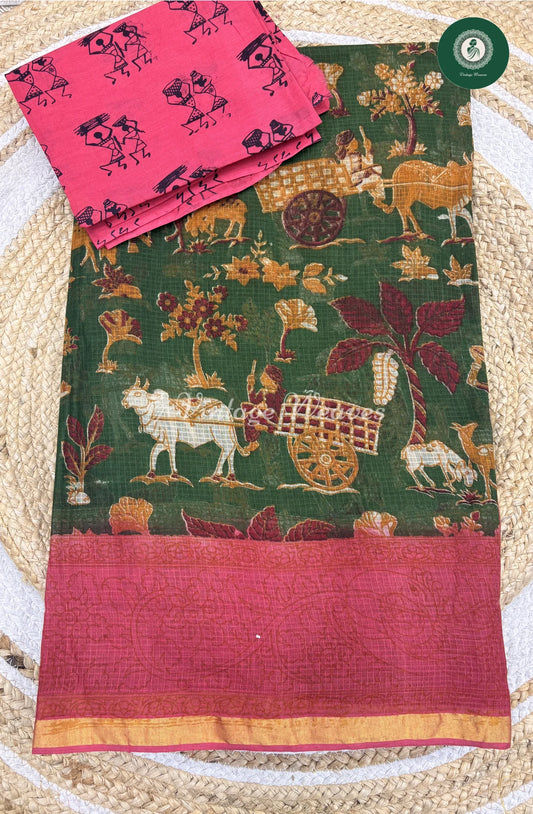 Budget Kota Cotton Saree Cow-Green with Pink