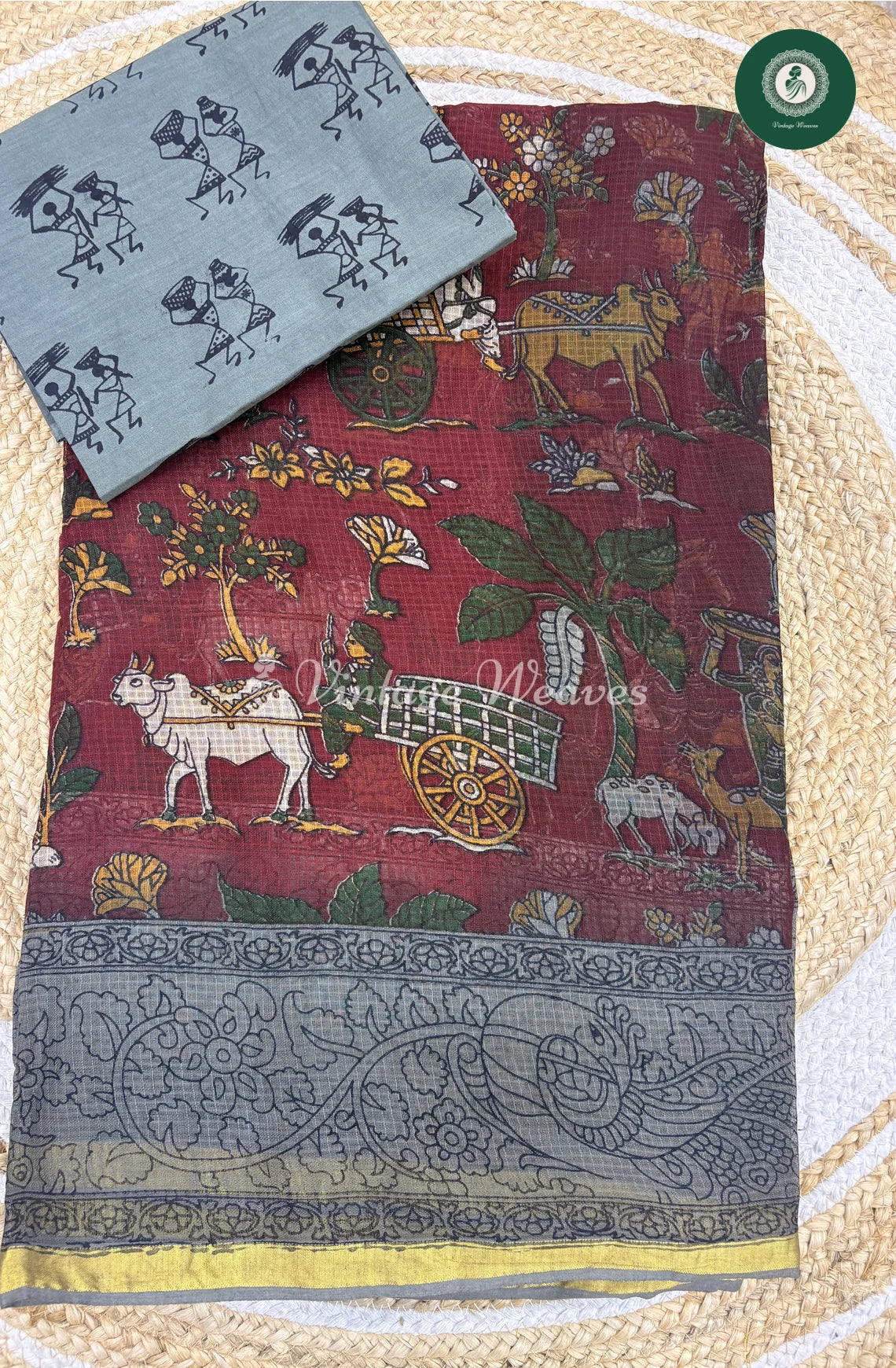 Budget Kota Cotton Saree Cow-Marron With Grey
