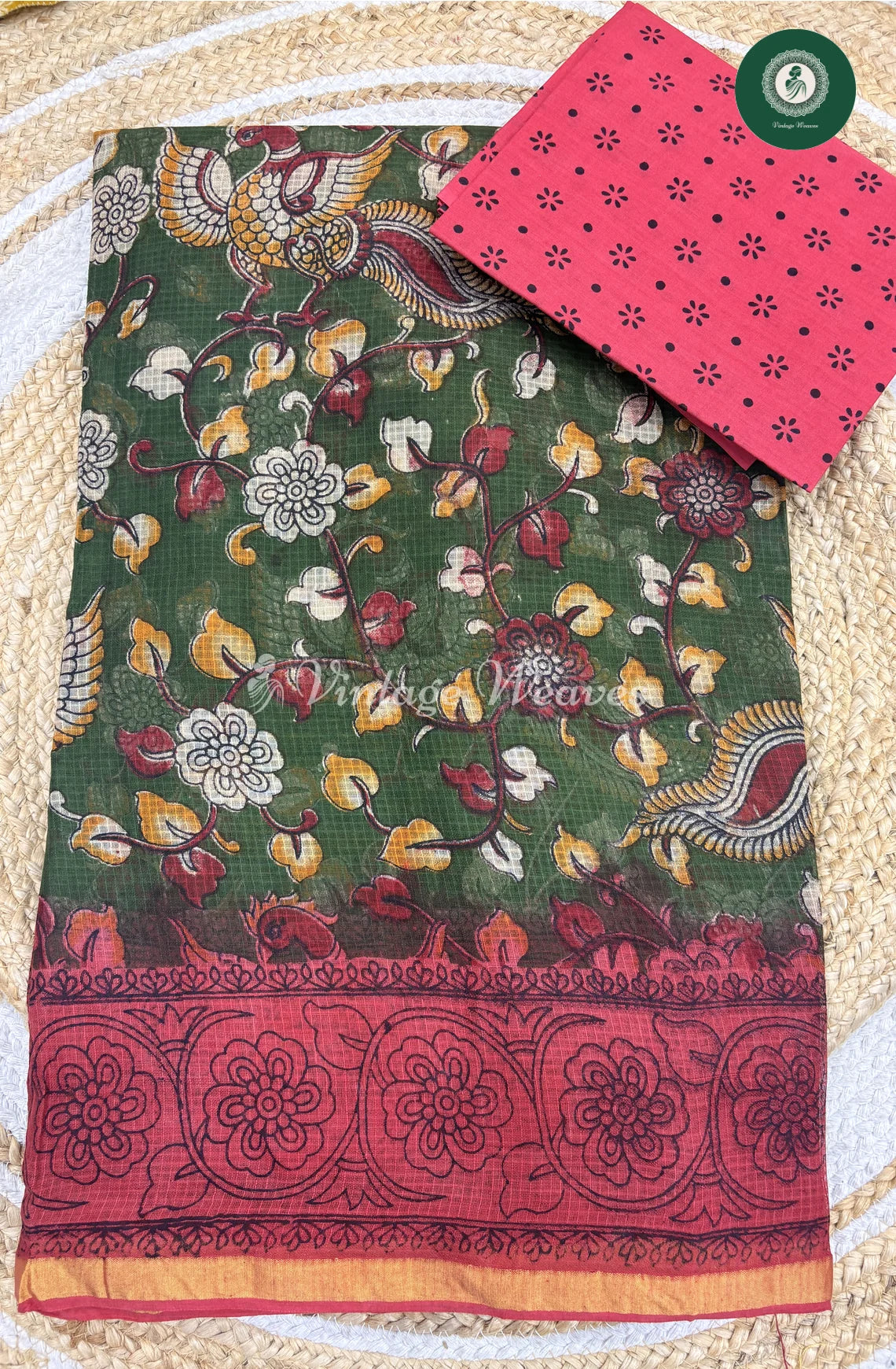 Budget Kota Cotton Saree Leaf-Green with Red