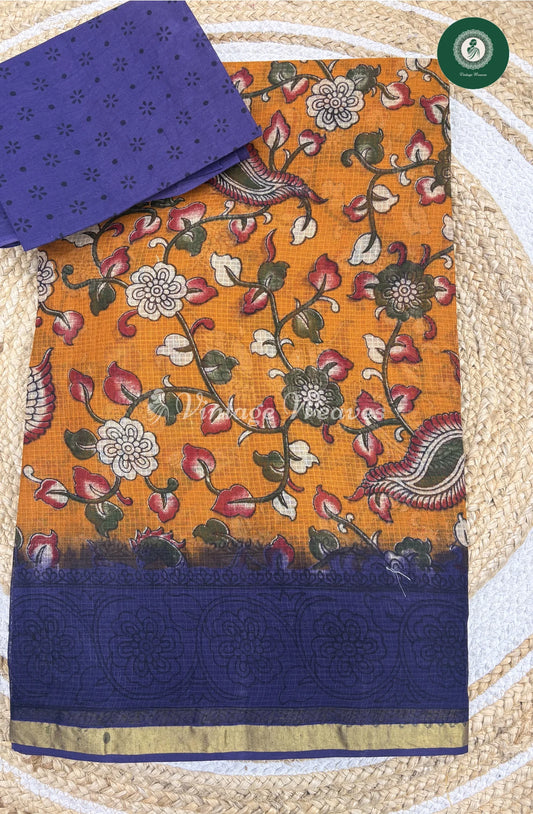 Budget Kota Cotton Saree Leaf-Yellow with Blue