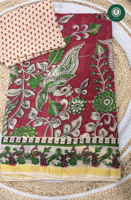 Budget Kota Kalamkari Cotton Saree-Red