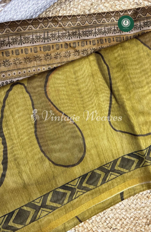 Chanderi Silk Saree With Zari Border-Green