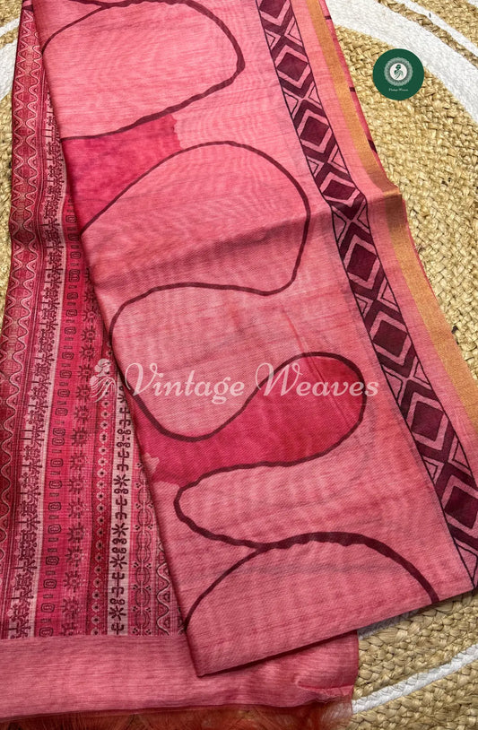 Chanderi Silk Saree With Zari Border-Pink