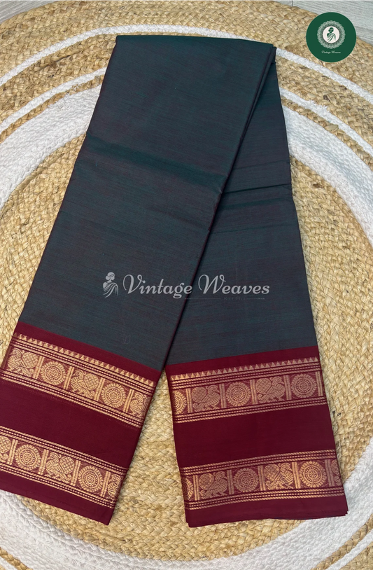 Chettinad Cotton Saree With DoubleBorder-GreyWithMarron