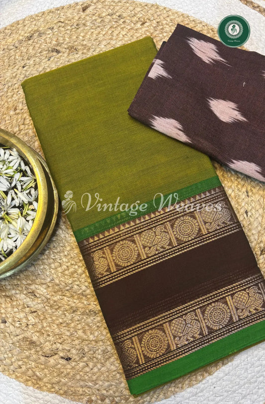 Chettinad cotton saree-Green with Marron