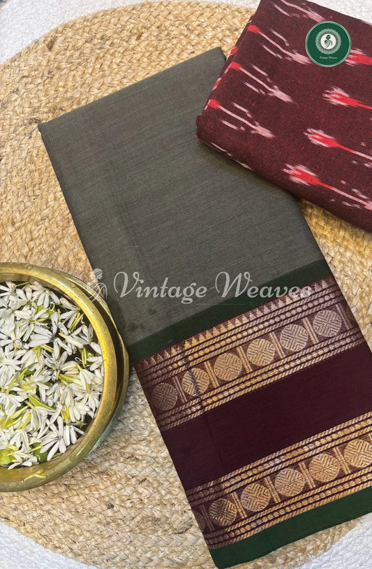 Chettinad cotton saree-Grey with marron